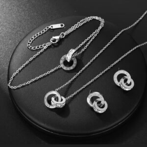 Titanium silver steel Roman numeral double-loop jewelry set including a necklace, bracelet, and earrings