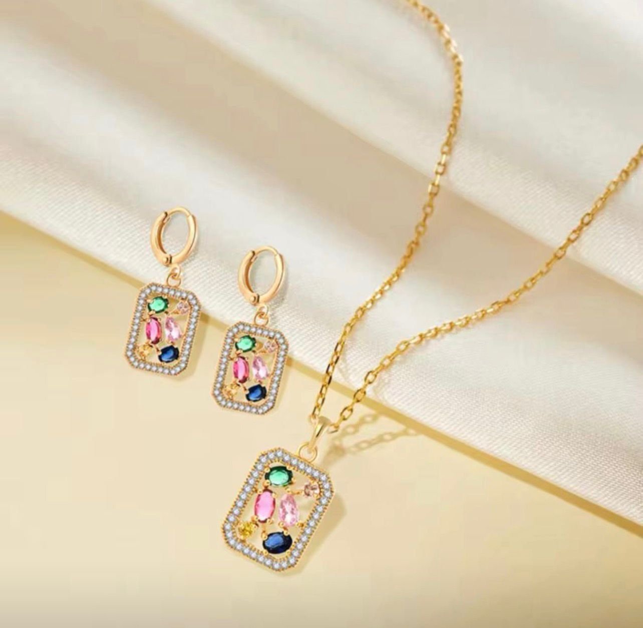 Luxury 18K Gold Plated Colorful Zircon Necklace and Earrings Set