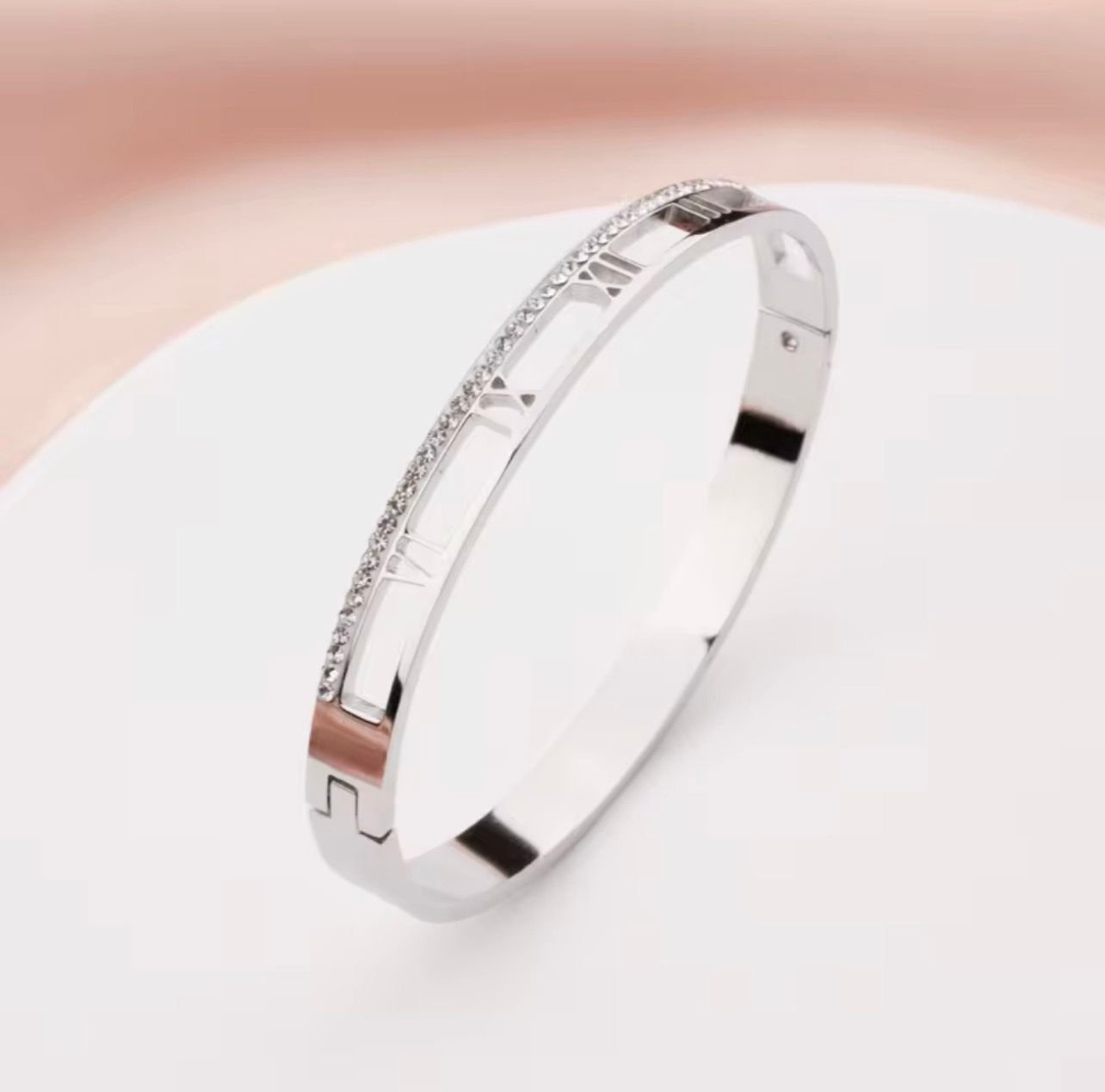 Titanium silver Roman numerals bangle with Zircon