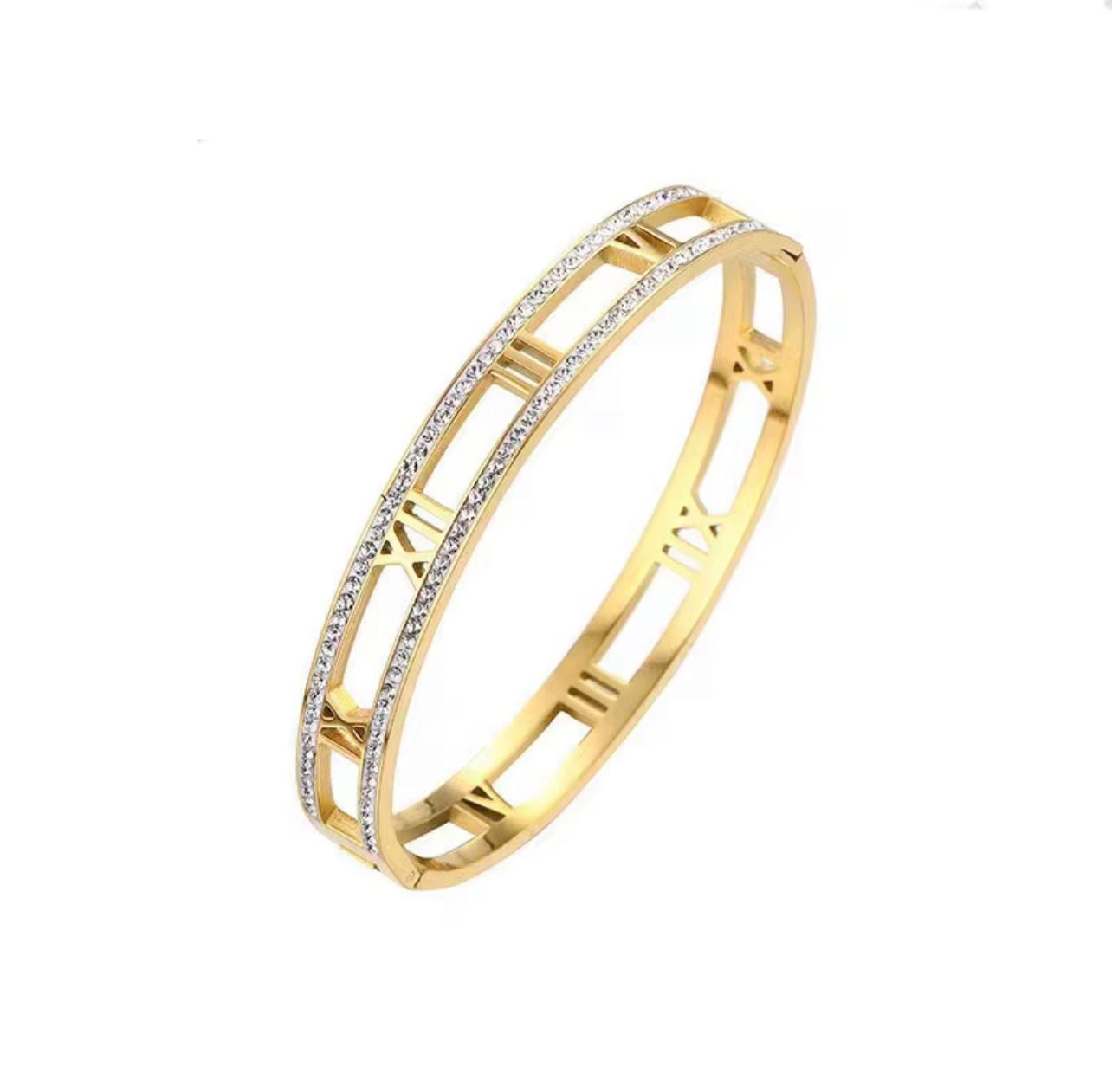 18K Gold Plated Roman numerals bangle with Zircon