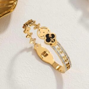 18K Gold Plated bangle featuring black clover motifs and crystal accents