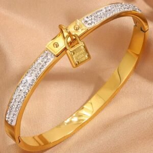 18K Gold-Plated Charm Bangle featuring a rhinestone-embellished lock charm with “Forever Love” text.
