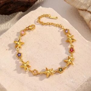 18K Gold-Plated bracelet featuring polished stars pendants and colorful vibrant cubic zircon
