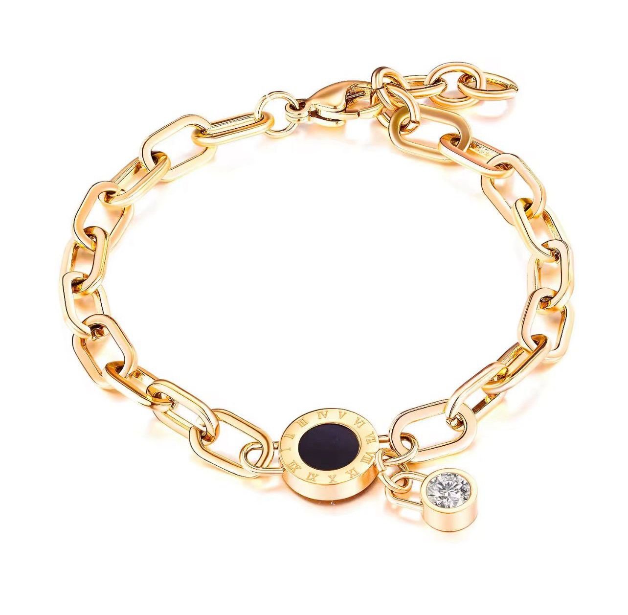 18K Gold-Plated bracelet featuring round charm with black inlay and Roman numerals, and a dangling zircon stone