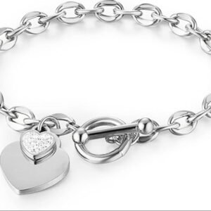 Titanium heart charm bracelet with toggle clasp and cubic zirconia accents