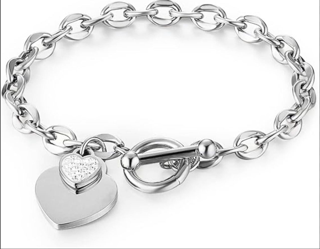 Titanium heart charm bracelet with toggle clasp and cubic zirconia accents