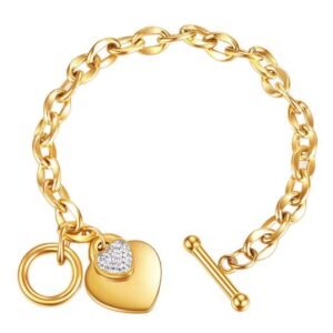 18K Gold-Plated double heart bracelet featuring a toggle clasp and cubic zirconia inserts