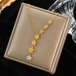 18K Gold-Plated Gold Star Lariat (Y) Necklace with a drop of multiple stars and a final star accented by zircon