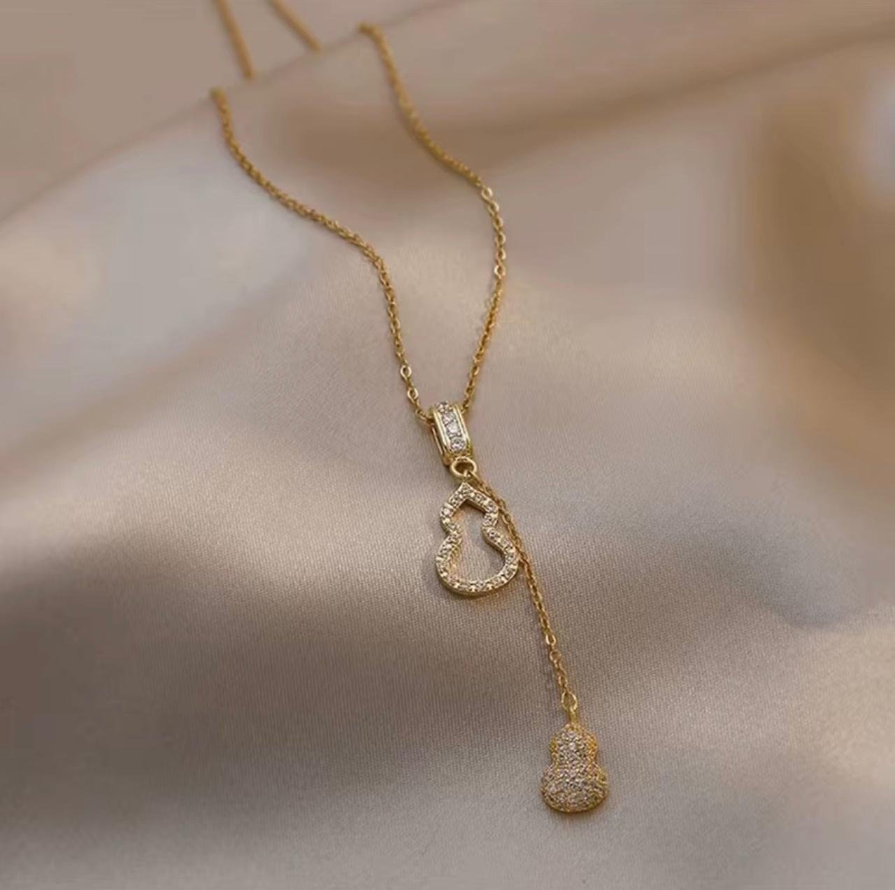 18K Gold-Plated zircon gourd pendent tassel dainty clavicle  link chain necklace