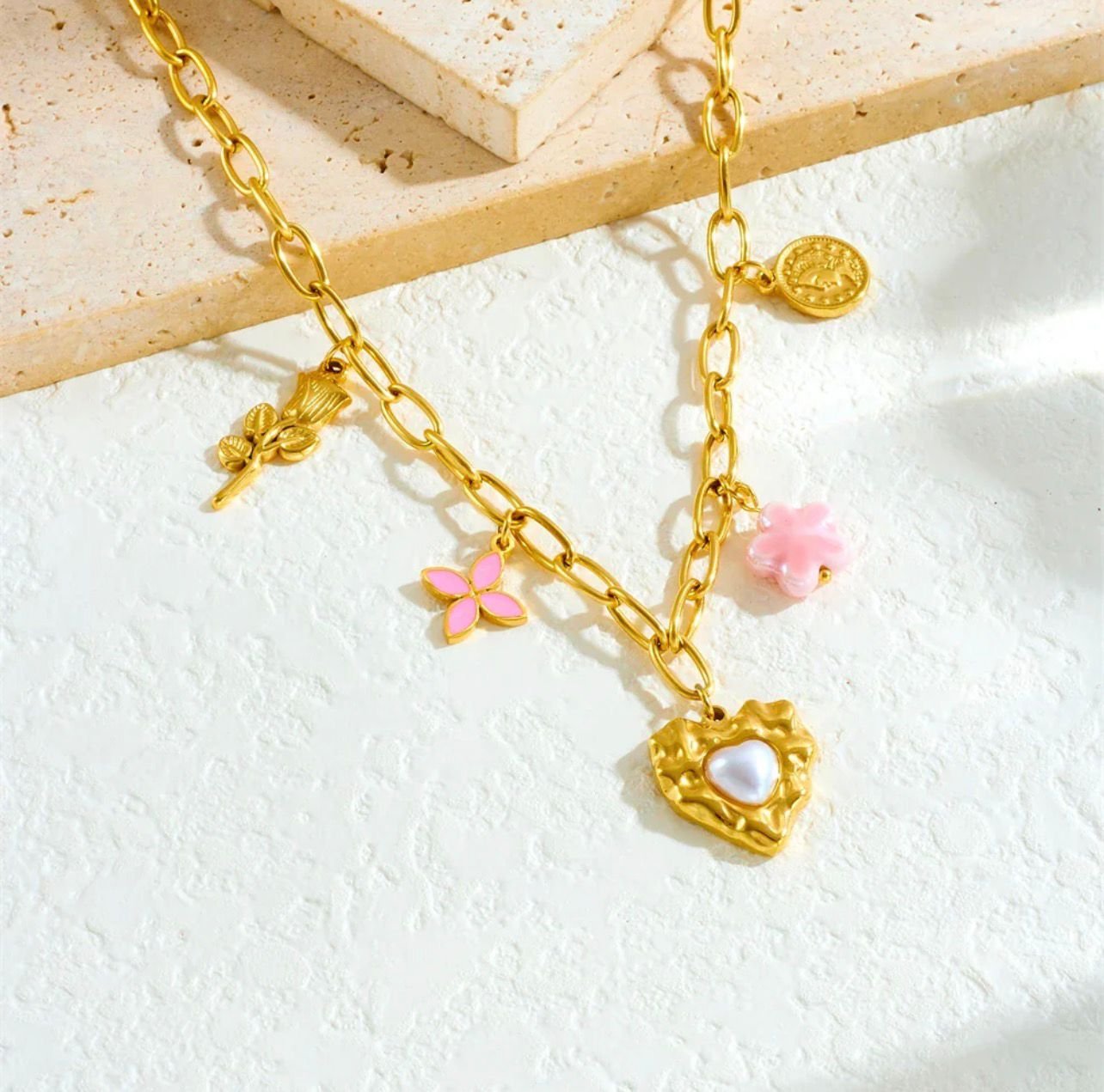 18K Gold-Plated trendy link chain necklace with heart, flower, star, sun eye bowknot pendant