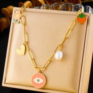 18K Gold-Plated necklace featuring an orange eye, strawberry, flower, heart, and imitation pearl charms
