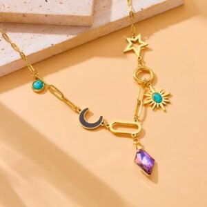 18K Gold-Plated celestial multi-charm necklace with a purple crystal pendant, turquoise stones, a moon, a sun, and a star