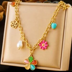 18K Gold-Plated colorful charm necklace featuring a mix of pendants, including a flower, butterfly, and pearl
