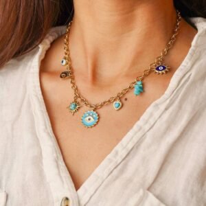 18K Gold Plated necklace with turquoise evil eye pendant and multiple charms including turquoise-colored hearts and sunbursts