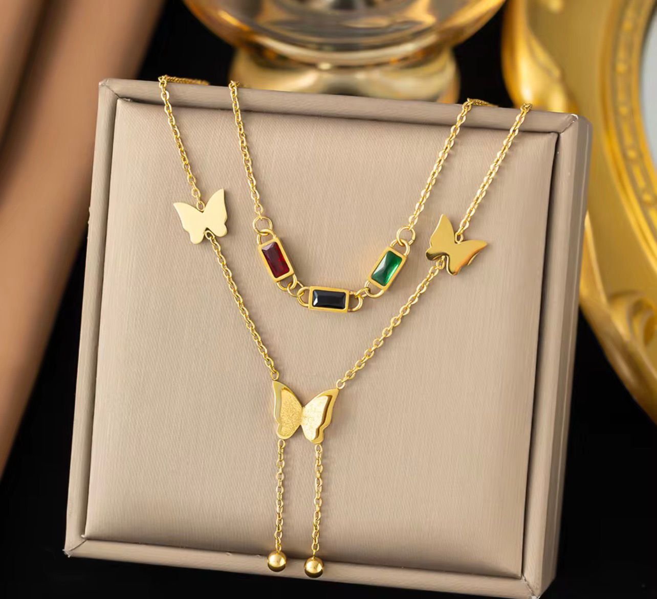 18K Gold-Plated 2-layered butterfly pendant necklace with colored Zircon