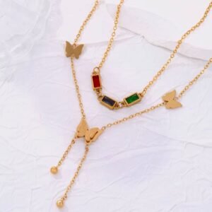 18K Gold-Plated 2-layered butterfly pendant necklace with colored Zircon