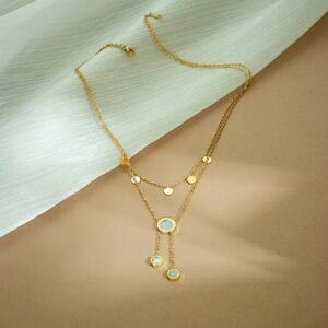 18K Gold-Plated layered necklace featuring multiple round Roman numeral charms and white inlay pendants