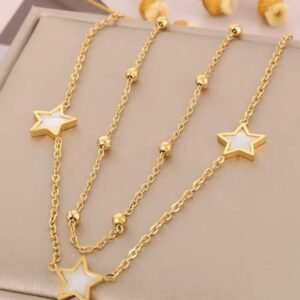 18K Gold-Plated double-layer necklace featuring star-shaped pendants with a white mother-of-pearl finish