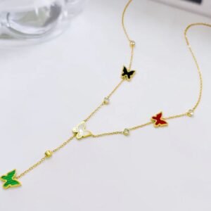 18K Gold-Plated Y-drop necklace featuring colorful enamel butterfly motifs and zircon stones