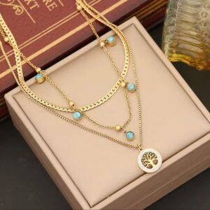 18K Gold-Plated 3 Layered Necklace featuring a Tree of Life pendant adorned with turquoise stones