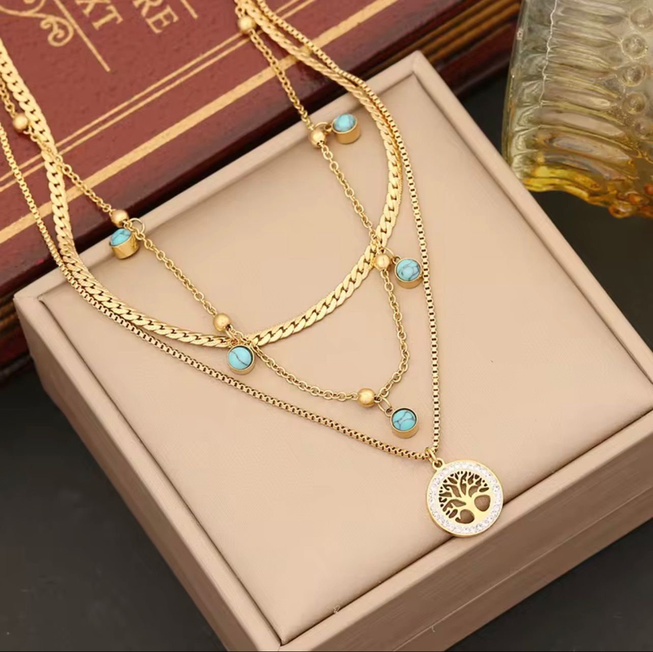 18K Gold-Plated 3 Layered Necklace featuring a Tree of Life pendant adorned with turquoise stones