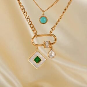 18K Gold-Plated double-layer necklace featuring a turquoise pendant and a geometric pendant with a green stone