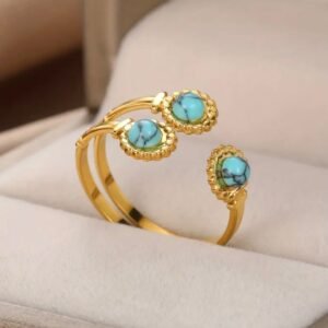 18K Gold-Plated unique ring with three turquoise stones and open wrap