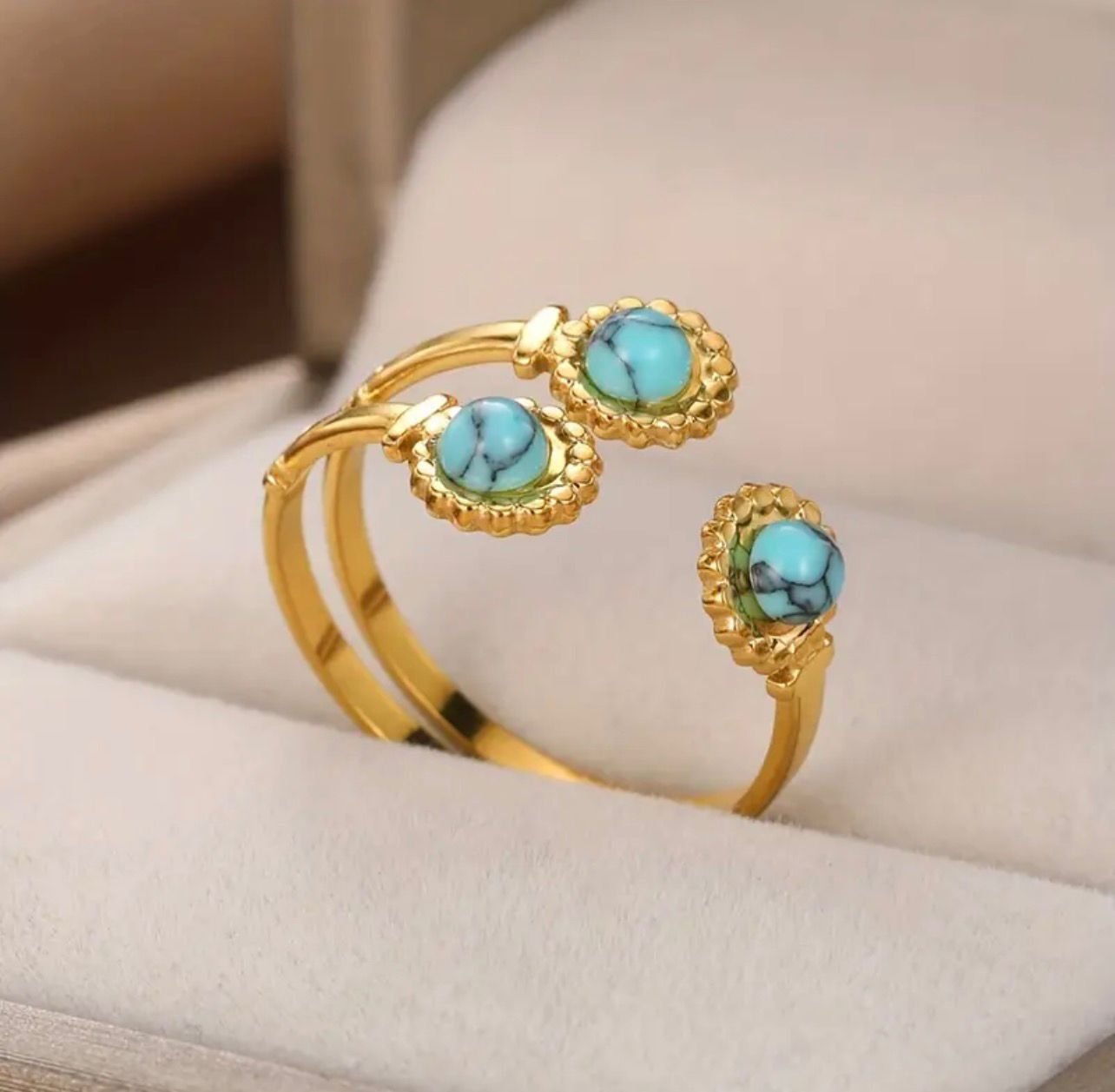 18K Gold-Plated unique ring with three turquoise stones and open wrap