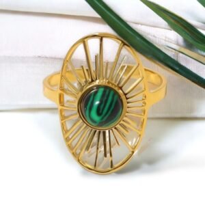 18K Gold-Plated Malachite Sun Ring with a sunburst design framing the natural green stone