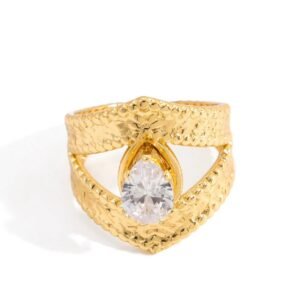 18K Gold Plated ring featuring a textured gold band and a pear-cut white zircon stone