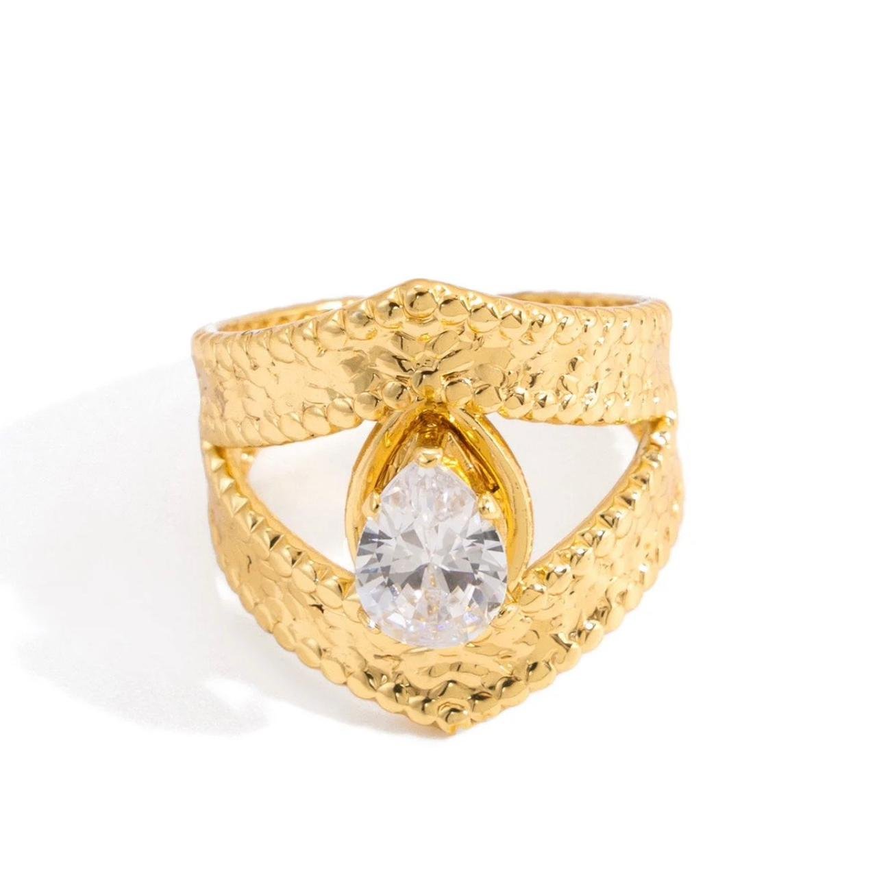18K Gold Plated ring featuring a textured gold band and a pear-cut white zircon stone