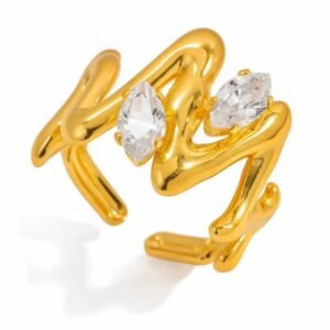 18K Gold-Plated gold adjustable open ring characterized by a sculptural, wavy design set with two marquise-cut cubic zircon stones