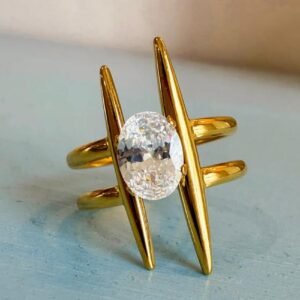 18K Gold-Plated ring featuring a geometric double-band design with an oval-cut central Zircon stone