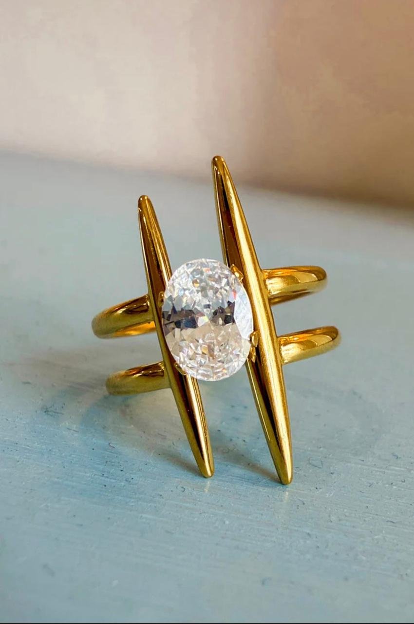 18K Gold-Plated ring featuring a geometric double-band design with an oval-cut central Zircon stone