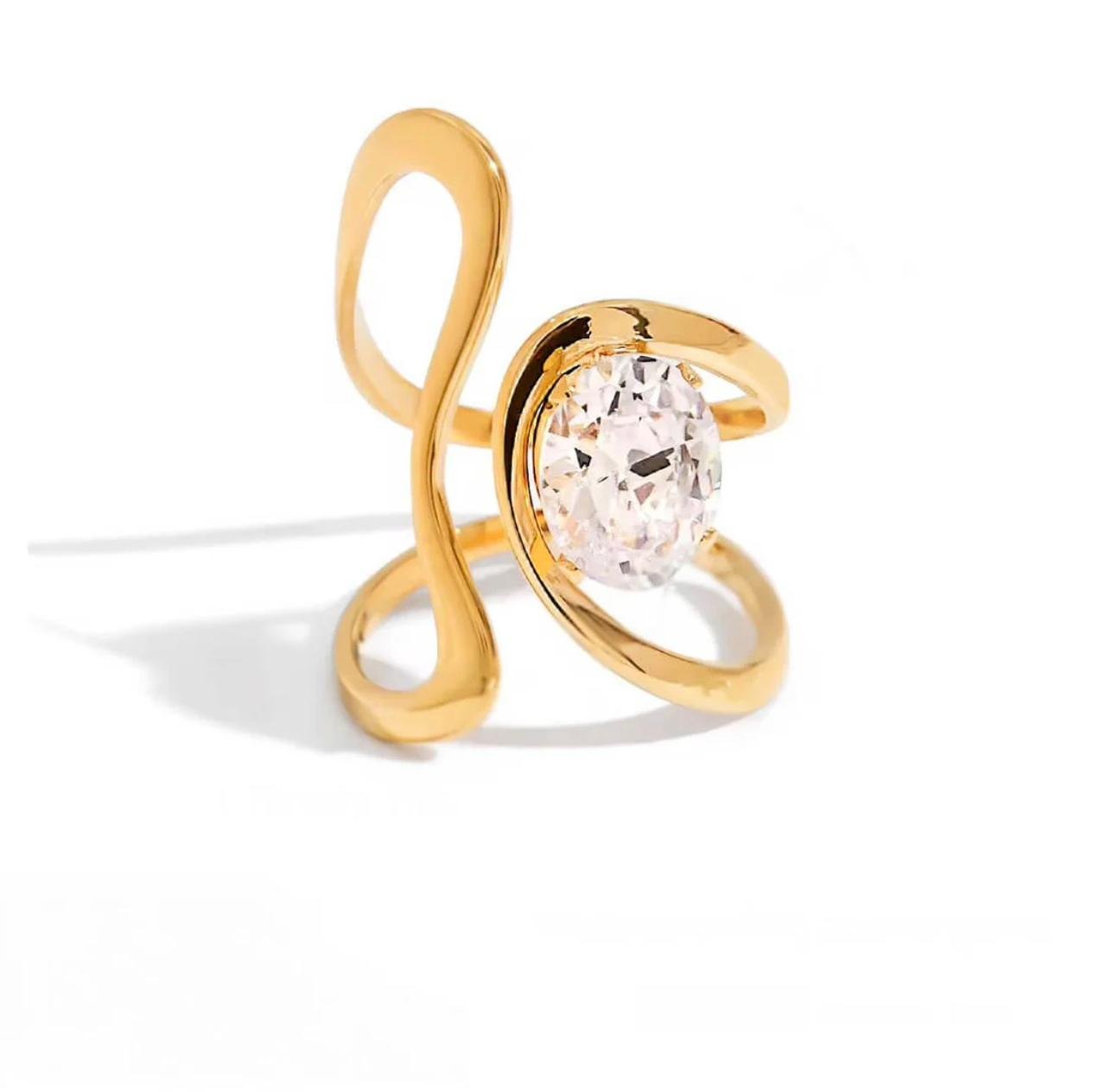 18K Gold-Plated a minimalist ring featuring intersecting hollow lines and a solitaire cubic Zircon stone