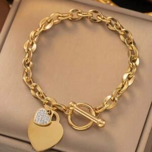 18K Gold-Plated Heart Charm Bracelet with Toggle Clasp and Zircon Accents