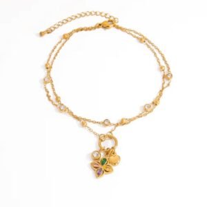 Gold Plated anklet features colorful zircon inlay in a four-leafs