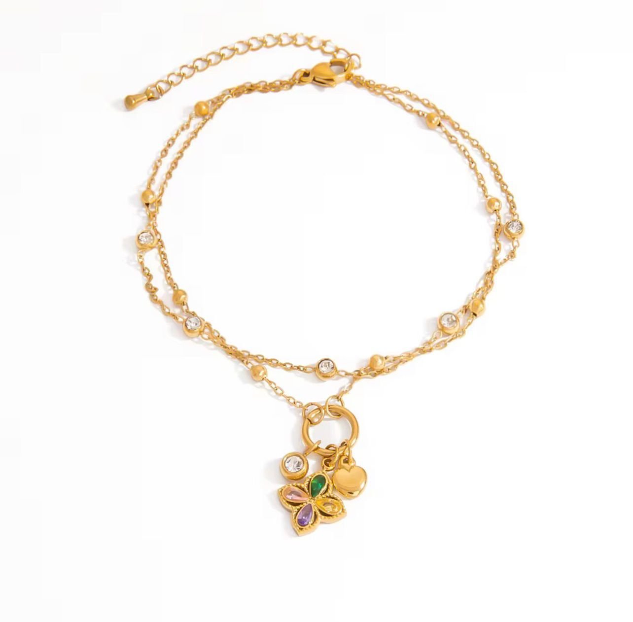 Gold Plated anklet features colorful zircon inlay in a four-leafs