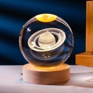 3D Saturn Crystal Ball Night Light featuring a laser-engraved planet design