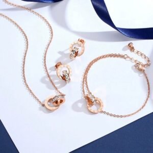 18K rose gold-plated Roman numeral double-loop jewelry set including a necklace, bracelet, and earrings
