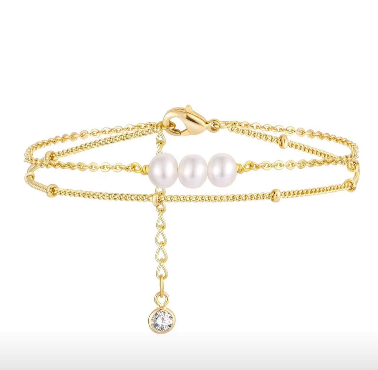 18K Gold-Plated multi-layered bracelet featuring three pearls and a small pendant charm