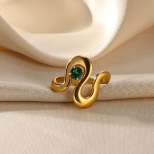 18K Gold Plated ring features a floral design with an imitation pearl center, cubic Zircon accents, and an adjustable open band